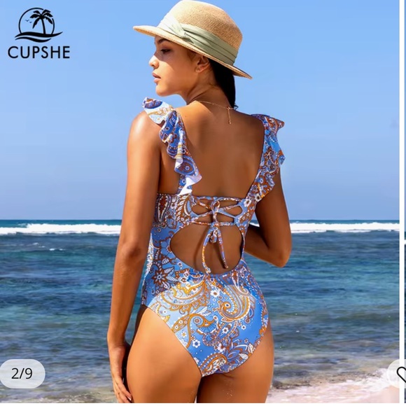 Plunging V-Neck Paisley Printed Ruffle One Piece Swimsuit - Picture 3 of 6